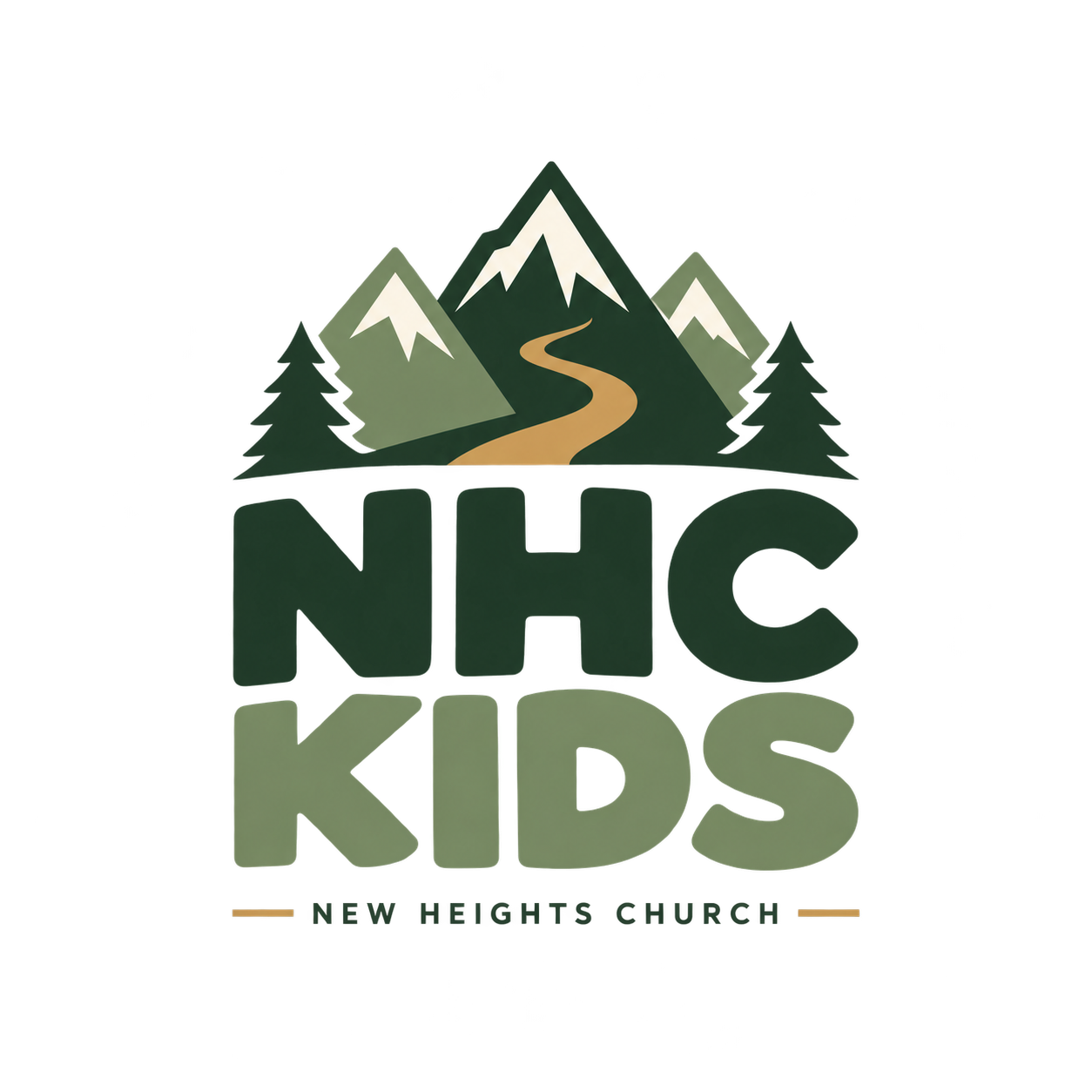 NHC Kids — New Heights Church, with mountains, pine trees, and a golden trail