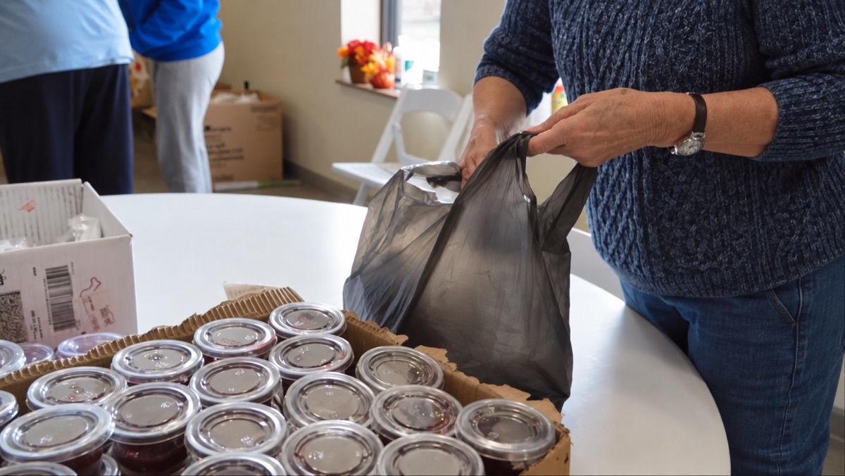 A volunteer packing prepared portions into a bag