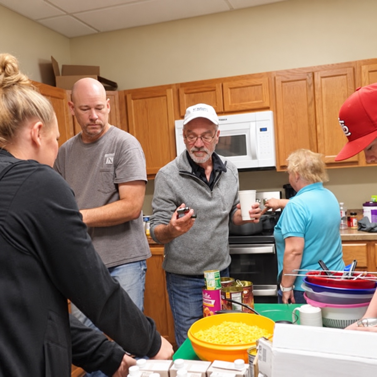 Volunteers preparing food in a kitchen